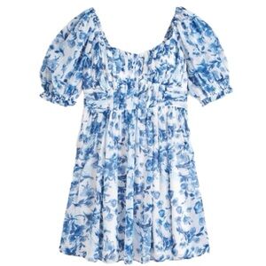 NWT Abercrombie & Fitch Ruched Ruffle Puff Sleeve Blue & White Mini Dress XXSP